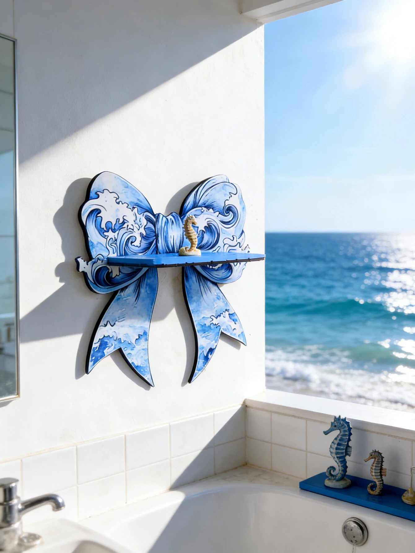 Bow Shaped Wall Shelf Ocean Wave Wooden Floating Shelf for Bathroom Bedroom Decor Display Storage Rack Nautical Home Wall Decor