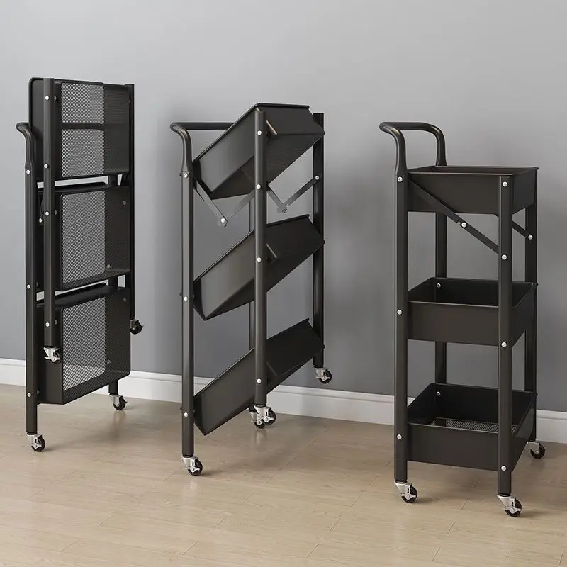 Foldable Trolley Storage Rack, Kitchen Floor to Floor Multi-layer Mobile Storage Rack, Beauty Salon Bedside Storage Rack