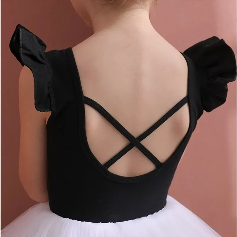 Tenue de ballet pour enfants, dos croisé, manches à volants, justaucorps fluide, costume de batterie de gymnastique, ballerine, haut d'été