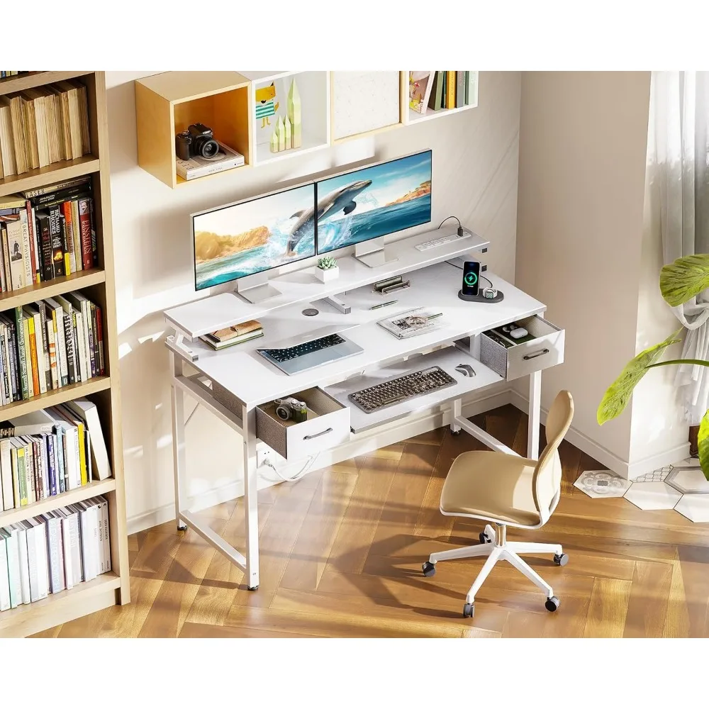 

Computer Desk with Drawers,48 Inch Office Desk with Power Outlet, with Keyboard Tray Monitor Shelf Writing Desk for Home Office