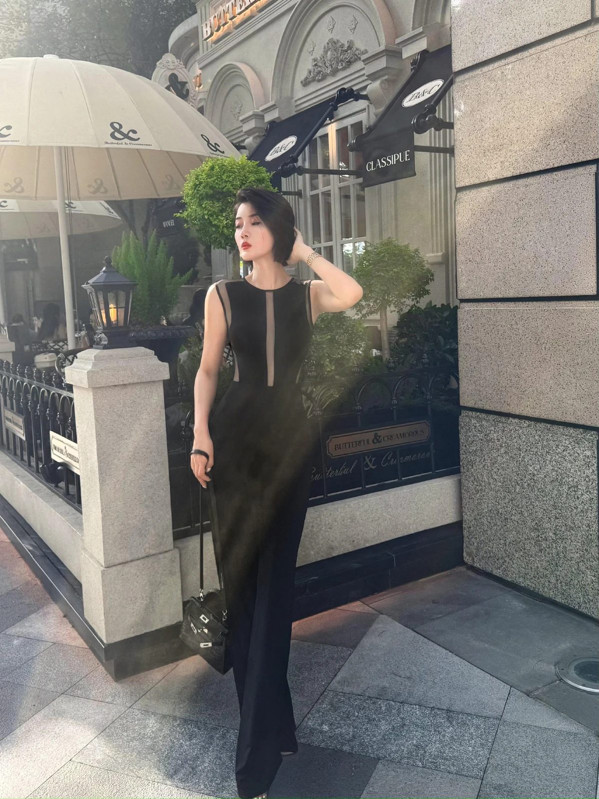 

XULU Original Summer Crystal Linen Sexy Bal Ele High Waist Slim Fit round Ne Piece Suit Bla Long Pants Commute