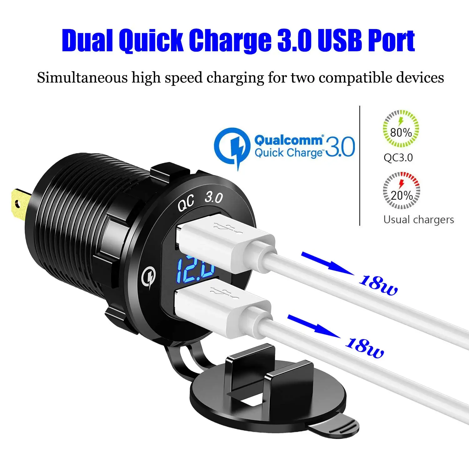 Ursuniot Aluminium QC3.0 Car Charger with LED Voltmeter Dual USB Ports Power Adapter DIY KIT for 12V/24V Motorcycle Boat Truck