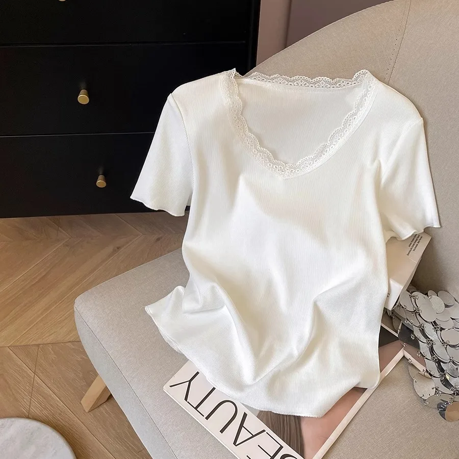 

Lace Patchwork V Neck Top Short Sleeve Slim Fit Summer T Shirt for Women