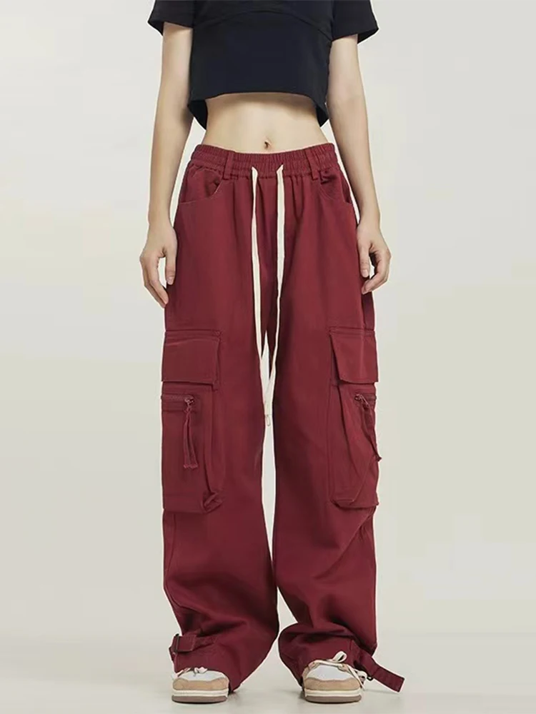 Women Red Cargo Pants Baggy Y2k Sweatpants Streetwear Oversize Pants Vintage Harajuku 90s Aesthetic Trashy Trousers Clothes 2024