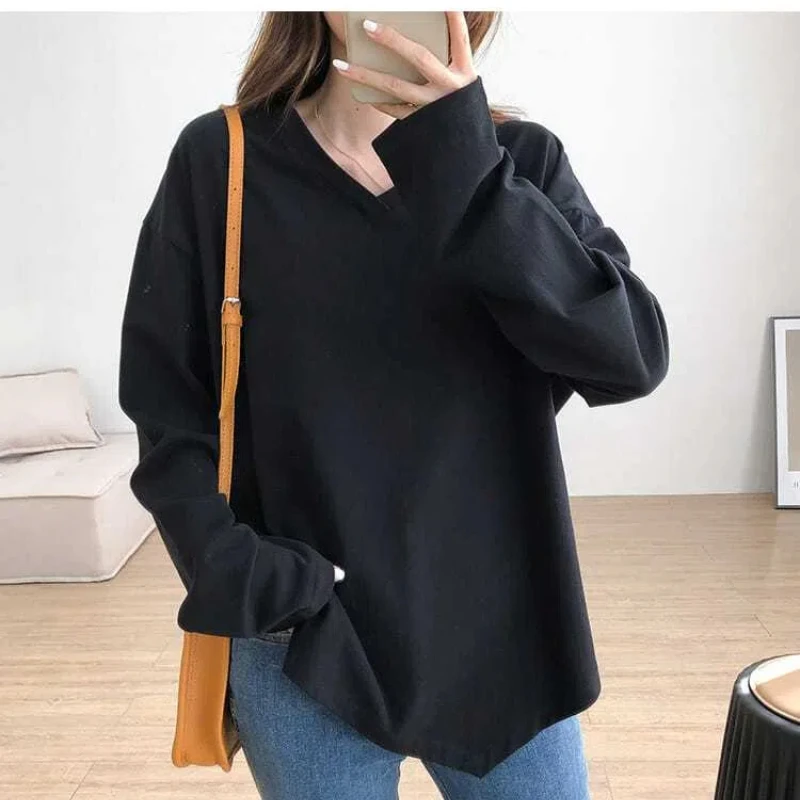 Simplicity Irregular Loose V Neck T Shirts Spring Autumn New Long Sleeve Solid Youth Casual Tops Fashion Vintage Women Clothing