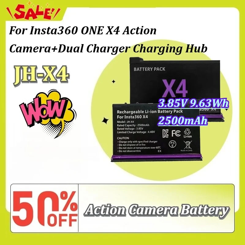 

New 3.85V 2500mAh 9.63Wh Li-ion Action Camera Replacement Battery JH-X4 for Insta360 ONE X4 with Dual Charger Hub