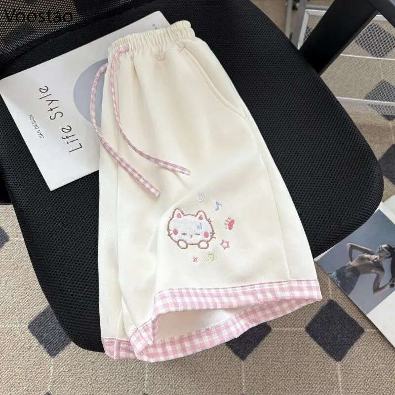 Japanese Sweet Lolita Style Shorts Women Kawaii Cartoon Cat Embroidery Short Pants Y2k Cute Patchwork Plaid Shorts Ropa Mujer