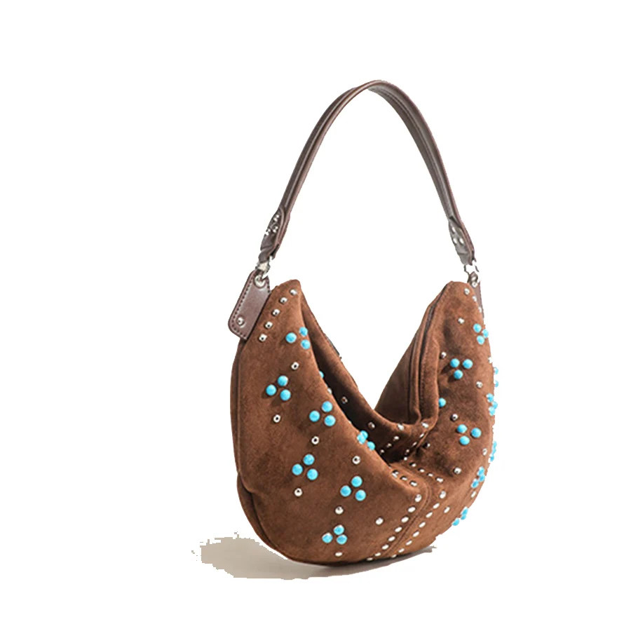 

Niche y2k design women's bag retro rivet matte crossbody bag crescent-shaped underarm single-shoulder bag suede tote bag bolsa