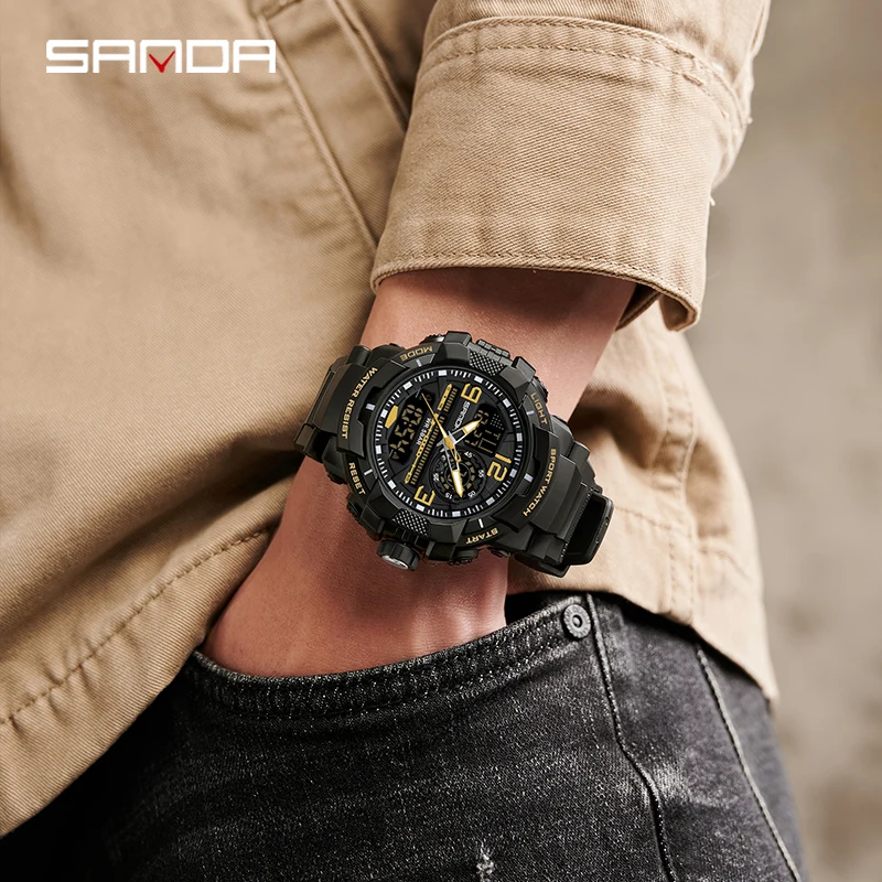 SANDA المزدوج عرض الرجال الساعات مقاوم للماء ساعة رياضية رجل عسكري إنذار ساعة توقيت كوارتز ساعة اليد الذكور ساعة رقمية