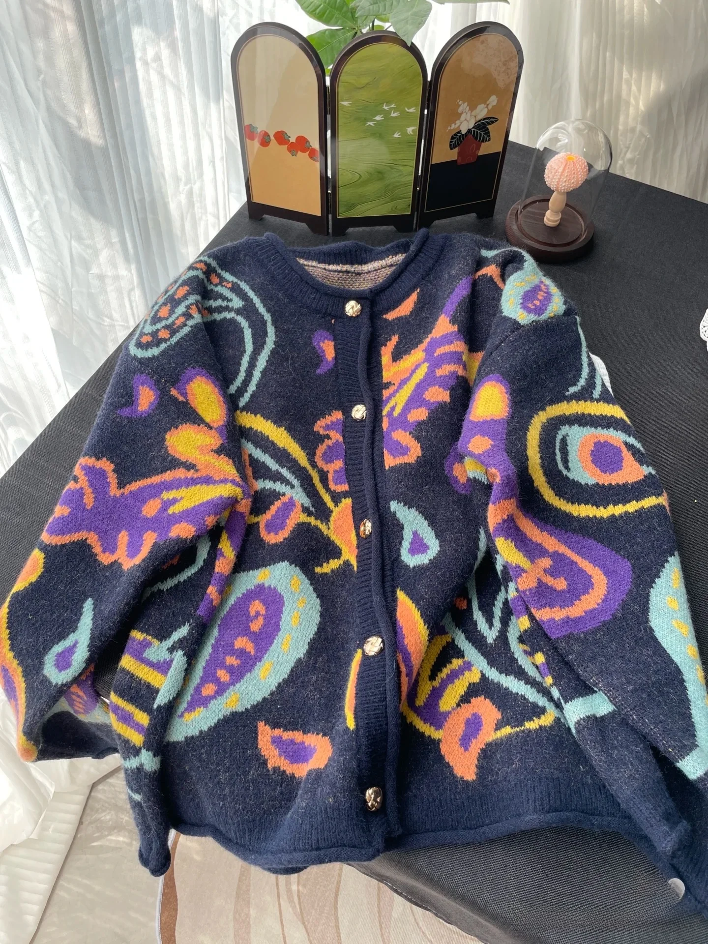 Maglieria retrò Inizio autunno Cardigan allentato inizio autunno Coreano Sle Pianta Fiore Modello rotondo Ne Cappotto con bottoni per le donne