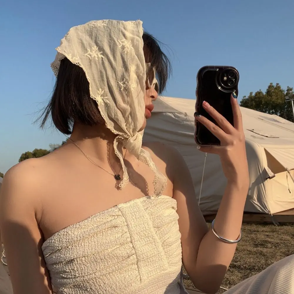 الموضة الرعوية نمط الأزهار الدانتيل وشاح الشعر الحلو مثلث القطن الكتان رباط شعر لينة التفاف Y2K بوهيميا باندانا الشاطئ