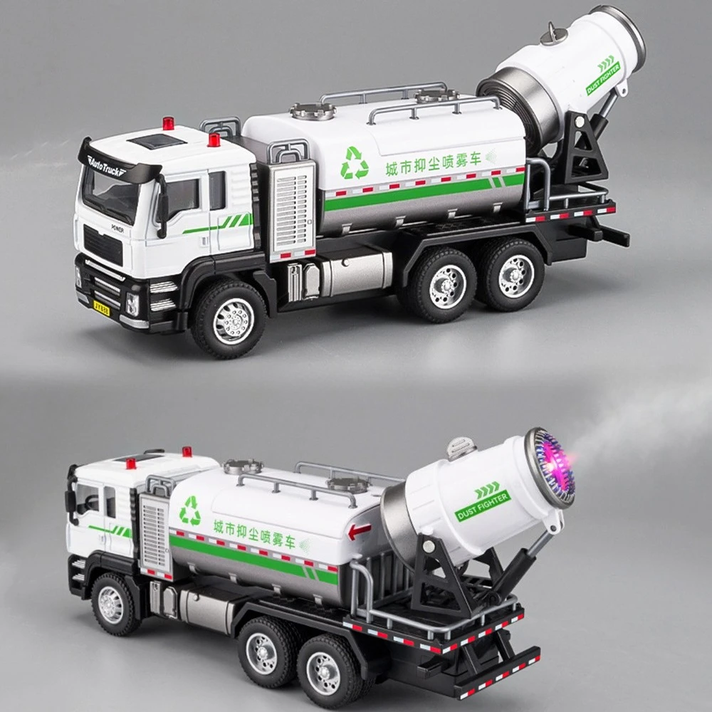 Modello in scala 1:50 Giocattolo Soppressione della polvere Camion spray Metallo pressofuso Suono Luce Porte aperte Tirare indietro Modelli di veicoli di ingegneria