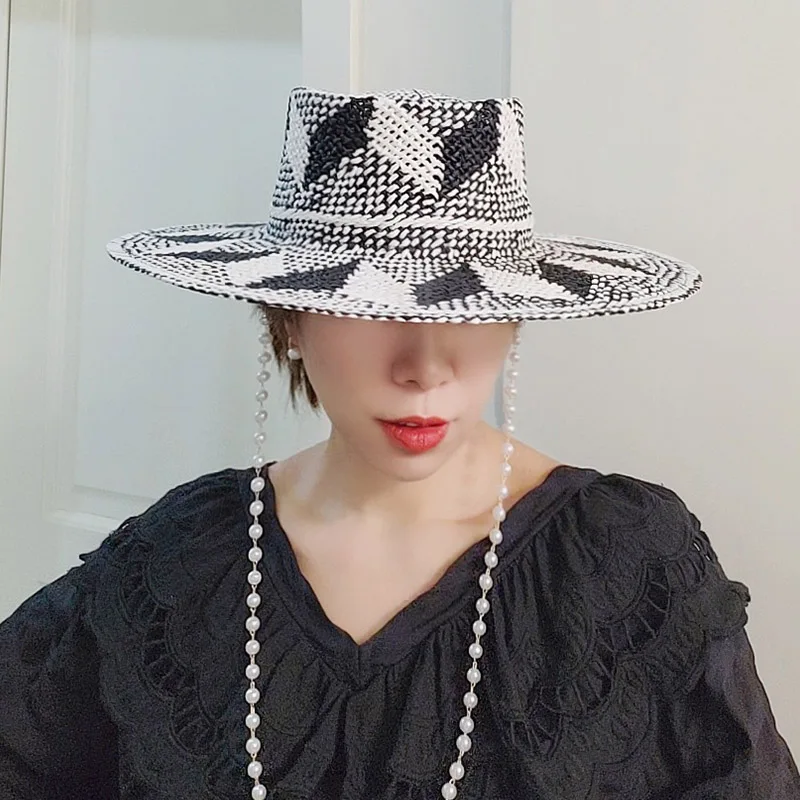 Black White Pattern Toquilla Straw Hats Summer Panama Hats Pearls Chain Sun Hats for Women Men Handmade Fedora Beach Travel Hat