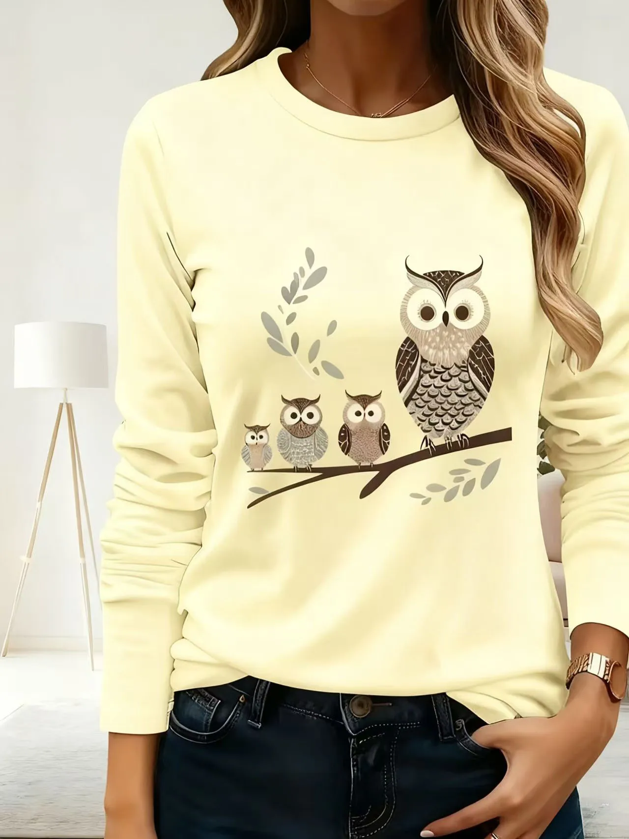 Женская футболка больших размеров с длинным рукавом — мягкий повседневный топ, семейный узор «Сова», можно стирать в машине, повседневное незаменимание, высокое качество, женская одежда