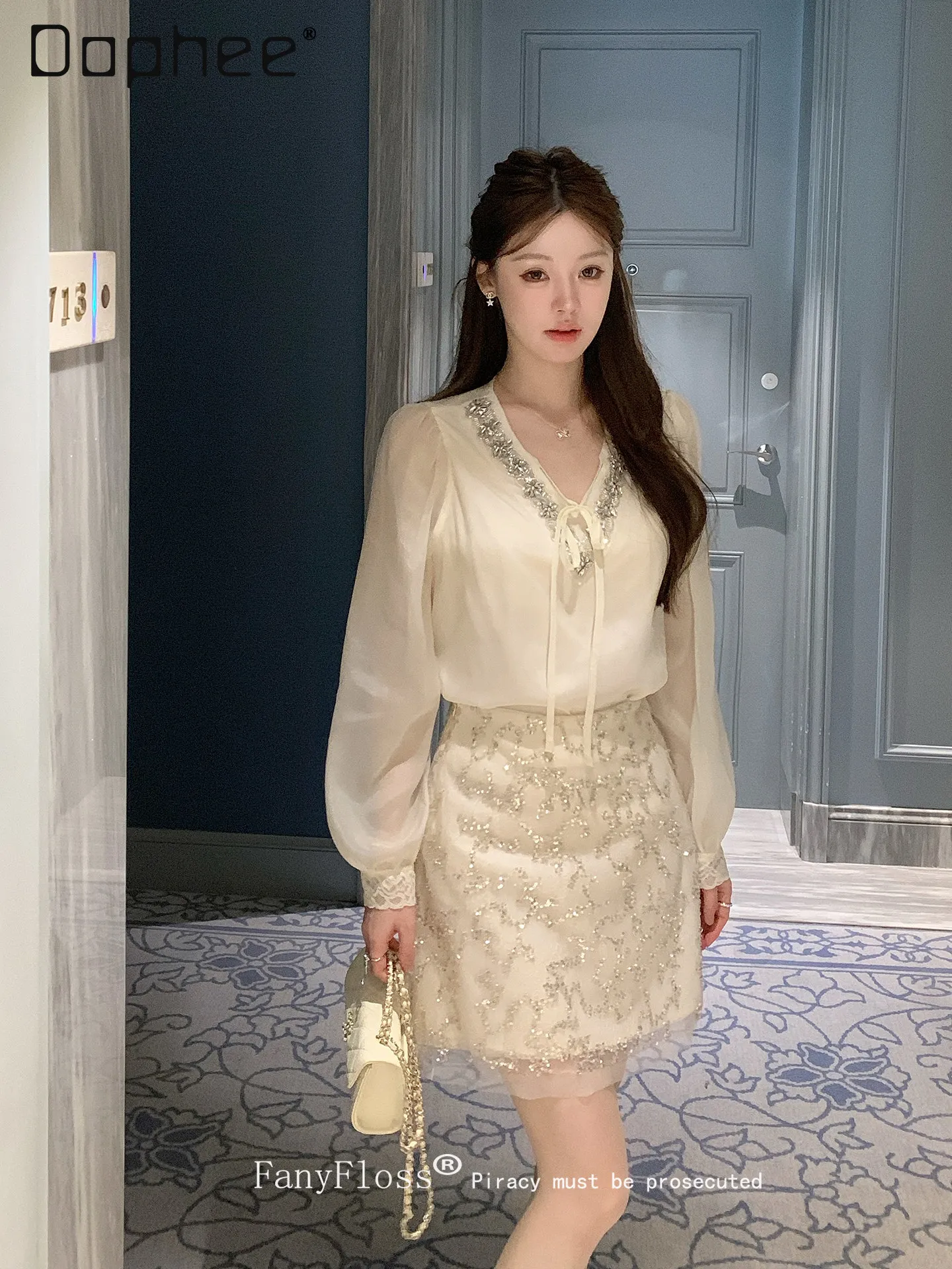 

Vintage Court Style V-Neck Bow Beaded Rhinestone Mesh Blouse Light Luxury Party Evening Dresses Elegant Socialite Skirt Sets