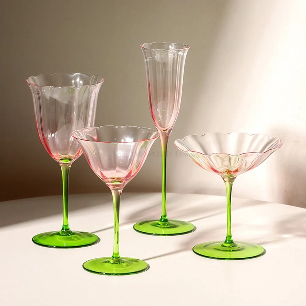 Vintage Flower Wine Goblet Crystal Glass Pink Green Champagne Coupe Cocktail Martini Glass Retro Stemware