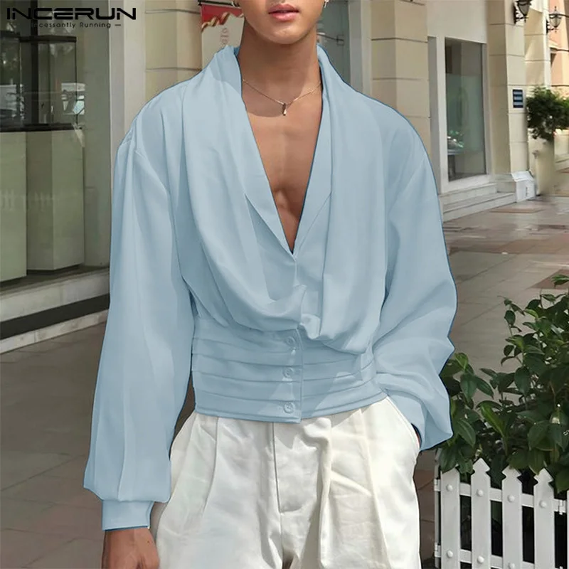 INCERUN Men's Shirt Solid Color Long Sleeve Loose Men Clothes Streetwear 2026 Personality Fashion Casual Tops Shirts For Man