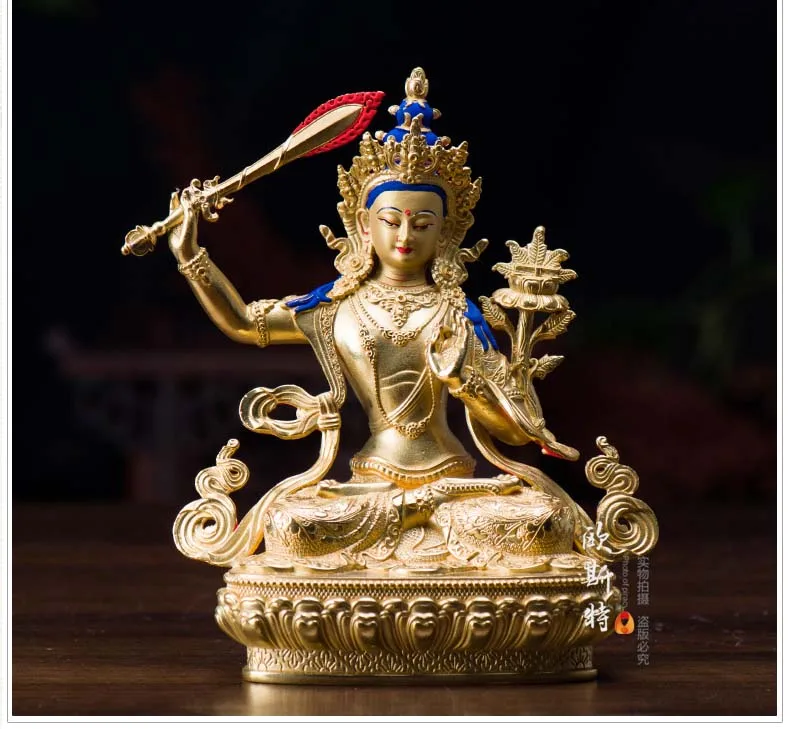 High grade Buddha figure - HOME hall TOP efficacious Buddhism gold-plated Manjusri statue-16CM