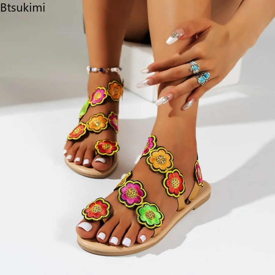 

Summer Large Size Sandals for Women Fashion Vintage Colorful Flower Embroidered Beach Shoes Ladies Ethnic Style Casual Sandalias