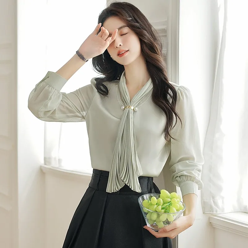 ผู้หญิงเสื้อแขนยาวเสื้อใหม่มาถึง 2024 ฤดูใบไม้ร่วงผ้าพันคอสีทึบ Office Lady Elegant Casual Tops เสื้อ W1919