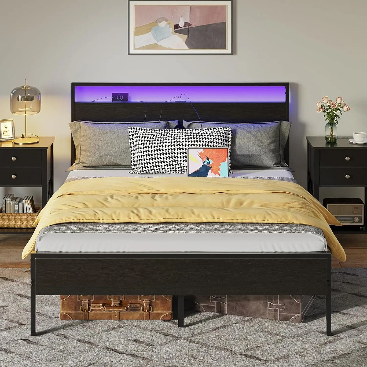 Bed Frame w/ Charging Station, Queen Bed w/ LED Lights Headboard,Strong Metal Slats Support, 10.2” Under Bed Storage Clearance