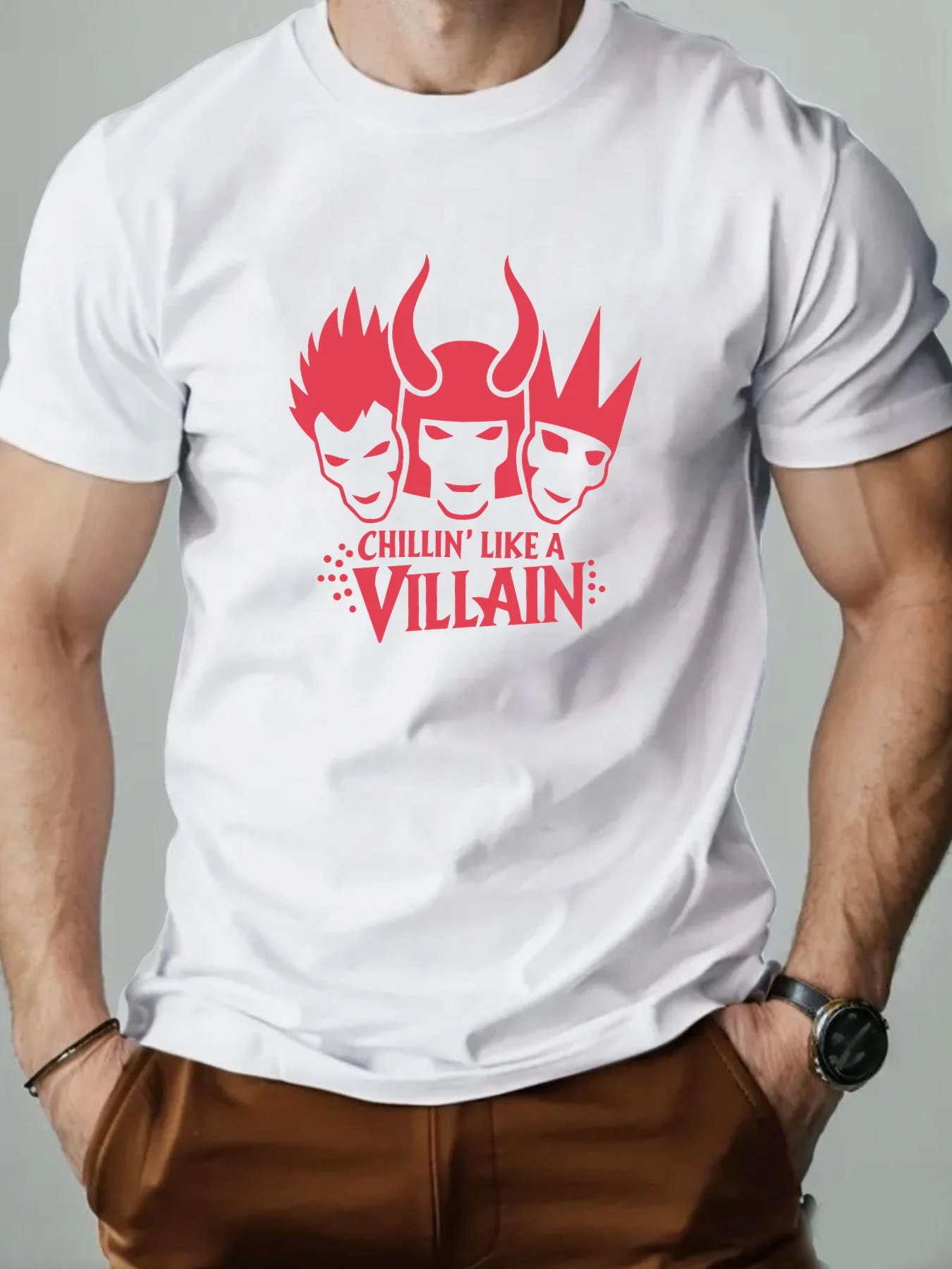 

Cartoon T shirts 100% Cotton CHILLIN LIKE A VILLAIN Pattern Men's Round Neck Casual Short Sleeve Summer Breathable Top Tees