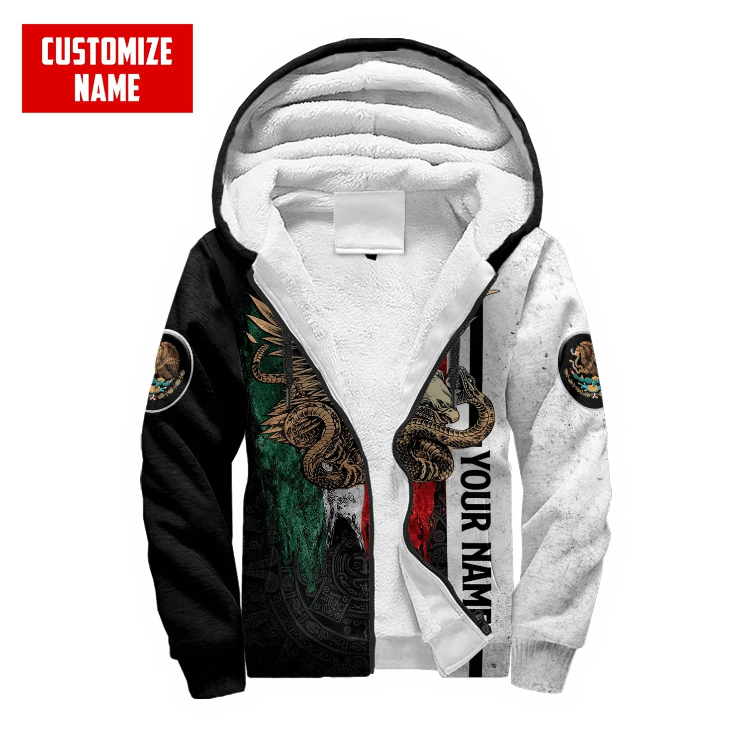 Personalized Name Mexico Flag Coat of Arm 3D Printed Fleece zipper Hoodies Unisex Winter Warm plus velvet Jacket Coat JRL08