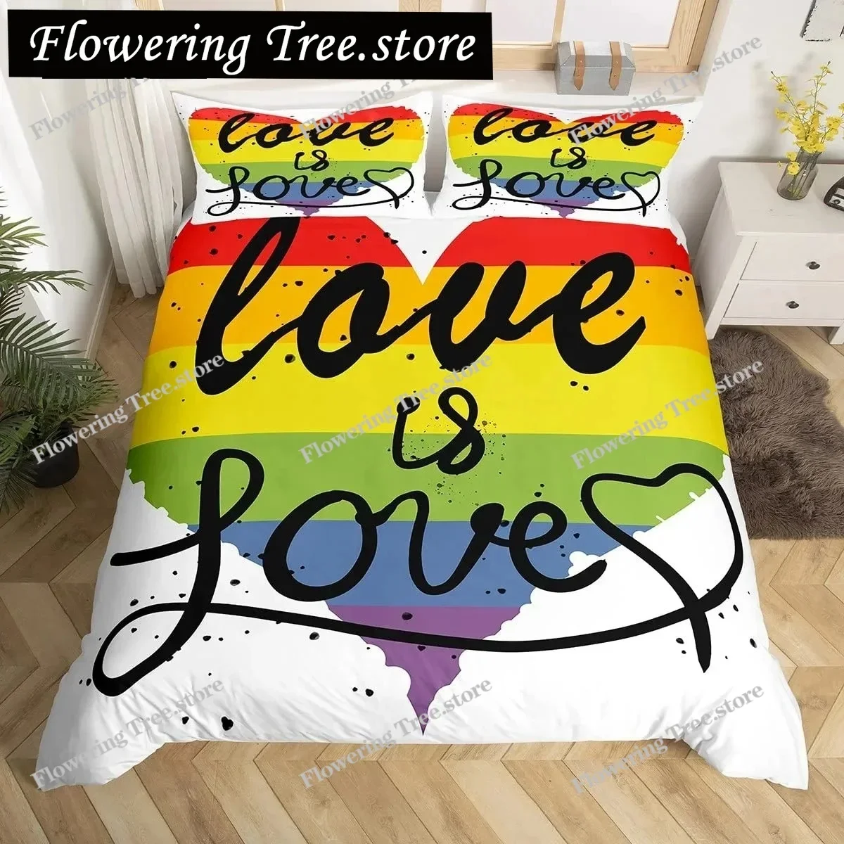 

Love is Love Duvet Cover Rainbow Bedding Set Pride for Love Theme Romantic Comforter Cover Colorful Cartoon Car Bedspread Cover