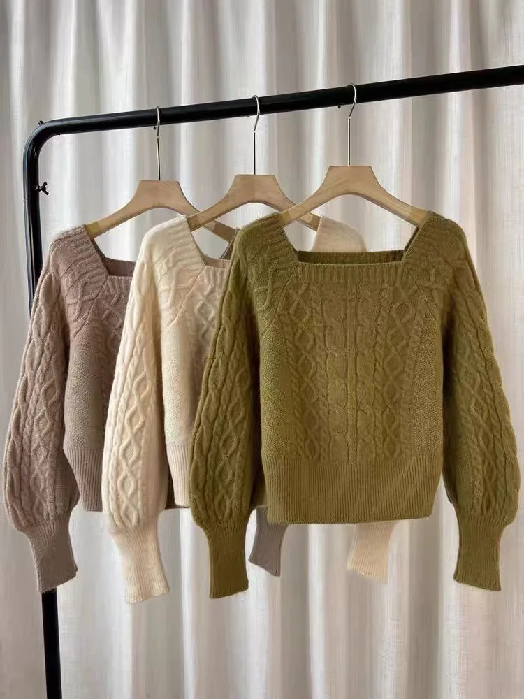 Knitted Sweater Women Korean Fashion Soft Pullover Female Autumn Winter Square Collar Jumper Ladies Elegant All-Match Sweaters