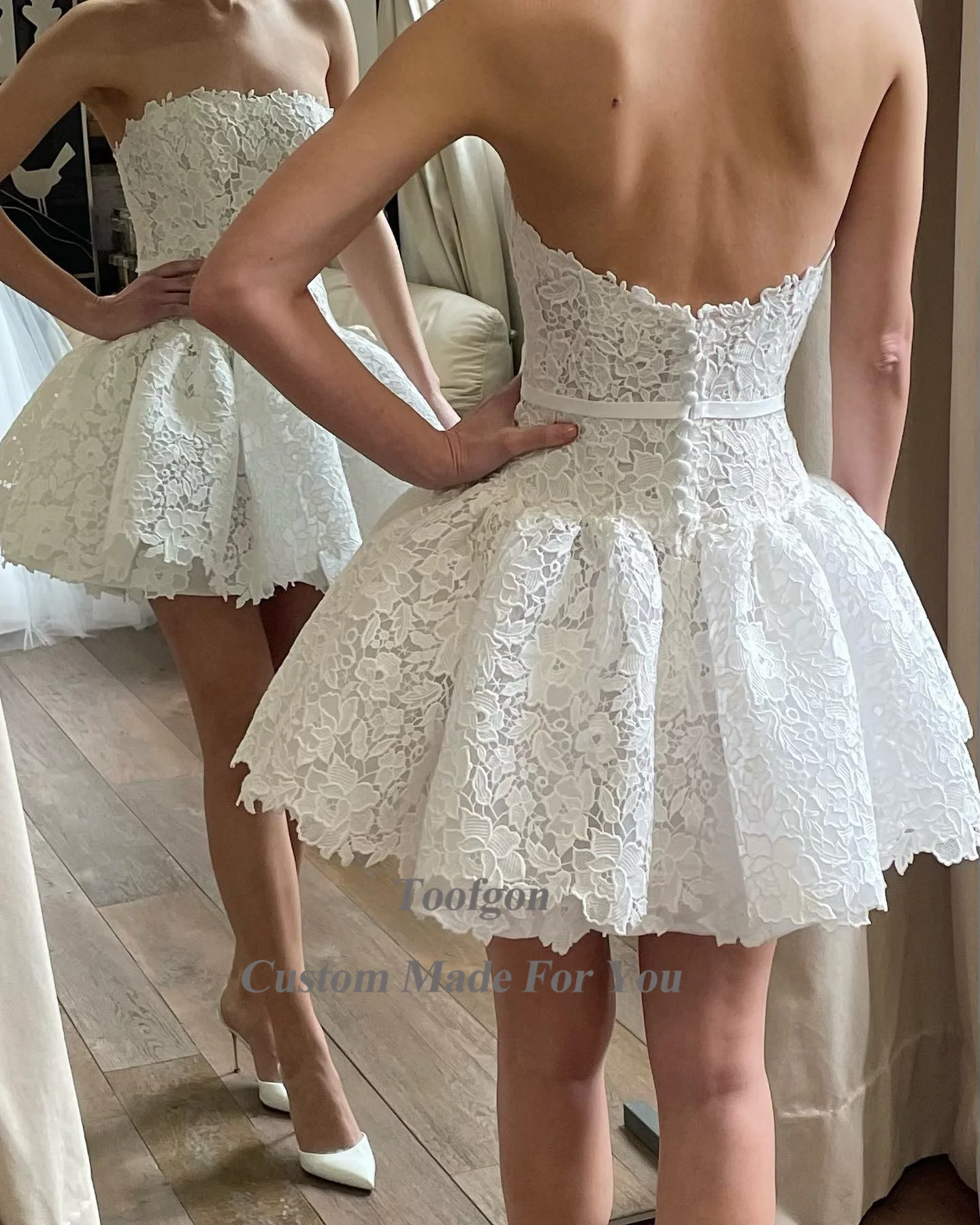 Customized 2 Pieces Lace Wedding Dresses Detachable Tulle Skirt Buttons Formal Bride Wedding Gowns Women Party Long Bridal Gowns