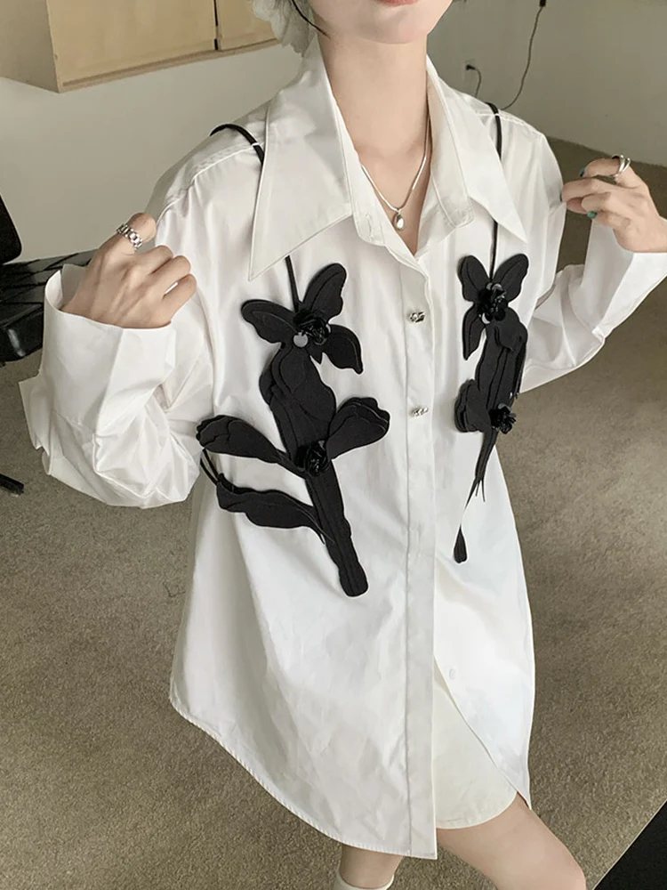 YERMORA white spliced flower casual blouse for women lapel long sleeve loose fit new shirt fashion tide spring autumn 2025