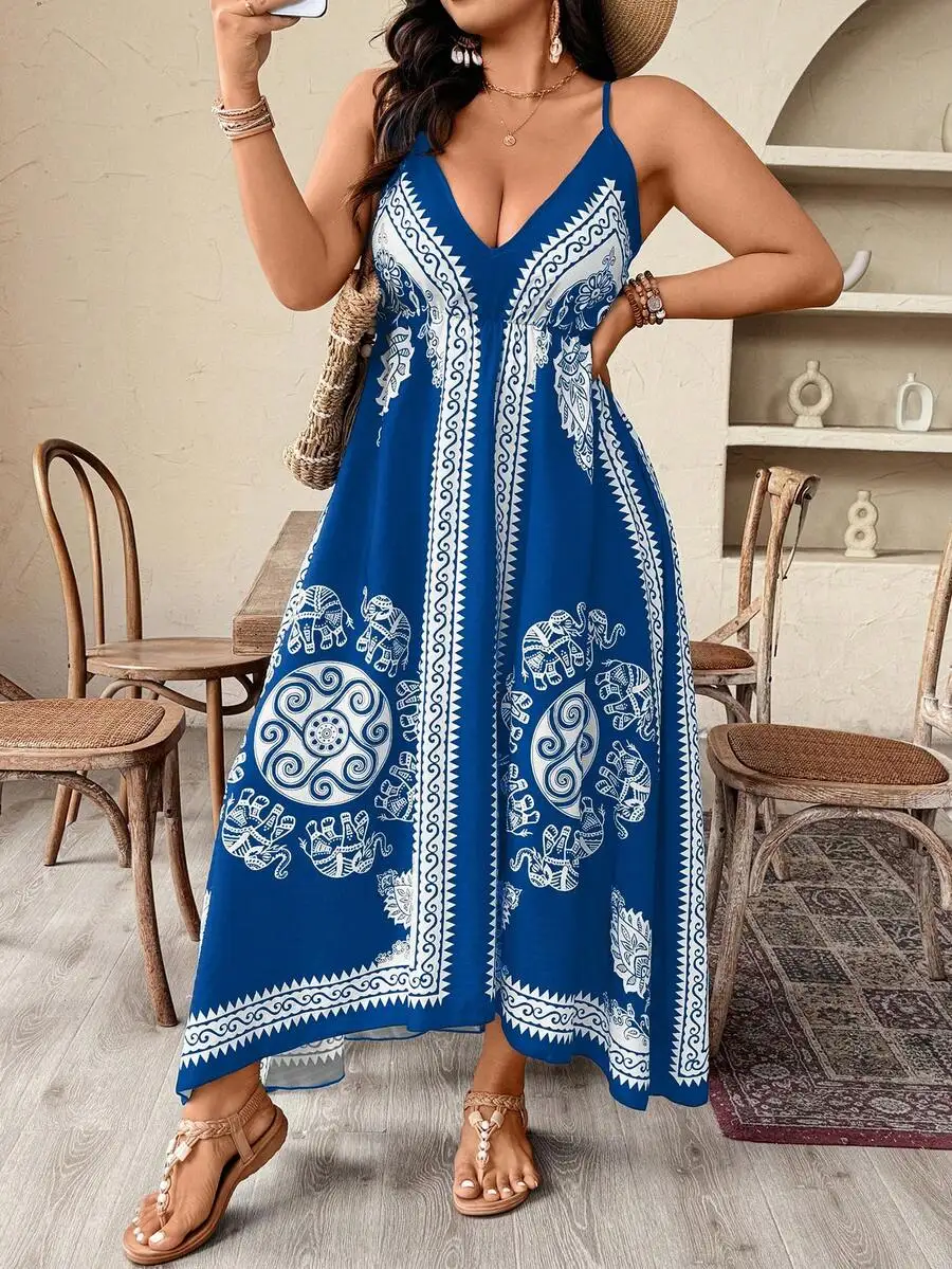 Plus Size Women Elephant Print Asymmetric Camisole Dress Holiday Style