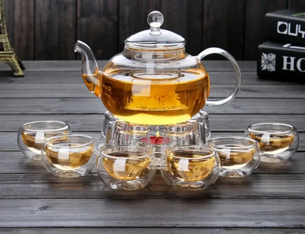 Juego de té de vidrio de borosilicato alto con tetera, infusor, para café, té de hojas, hierbas, 6 tazas, calentador de tetera, regalo, accesorios de cocina, hogar