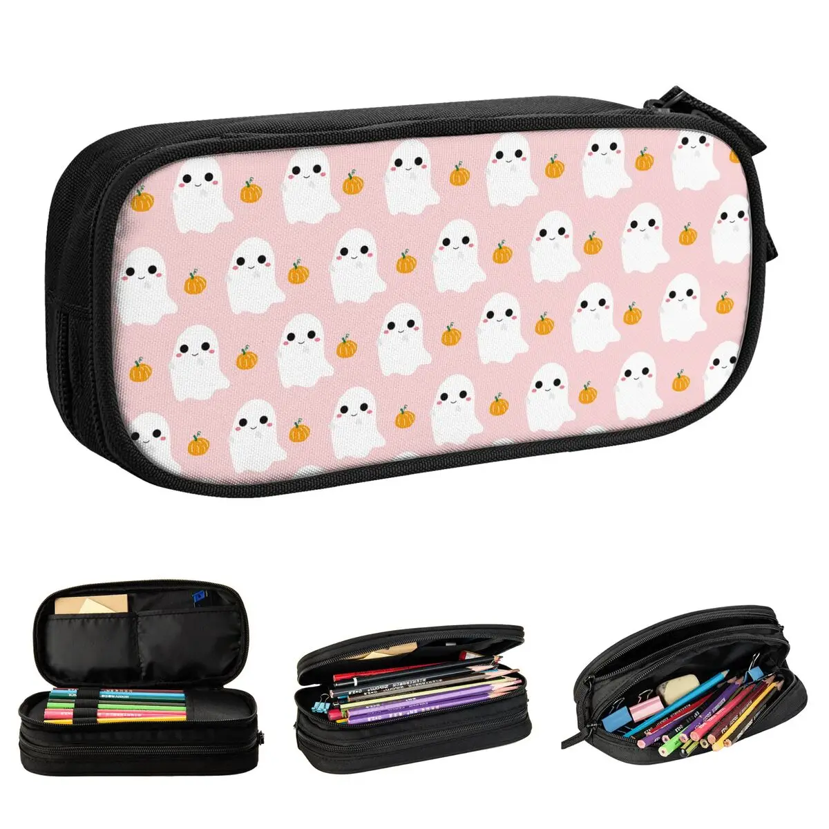 Pink Halloween Ghost With Pumpkin Pencil Case Cartoon Pencil Box Pen Holder for Girls Boys Big Capacity Bag School Stationery