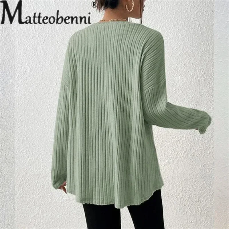 Elegant Pit-stripe Round Neck Pullover Jumpers Women Solid Color Loose Sweater Female Autumn Winter Commuter Casual Knitwear New