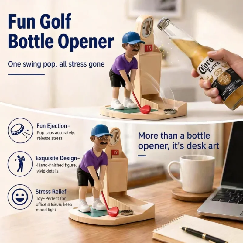 Golf Ball Themed Bottle Opener Automatic Beer Bottle Opener With Golf Swing Cap Launcher Men Fun Golf Gift Novelty Bar Accessory