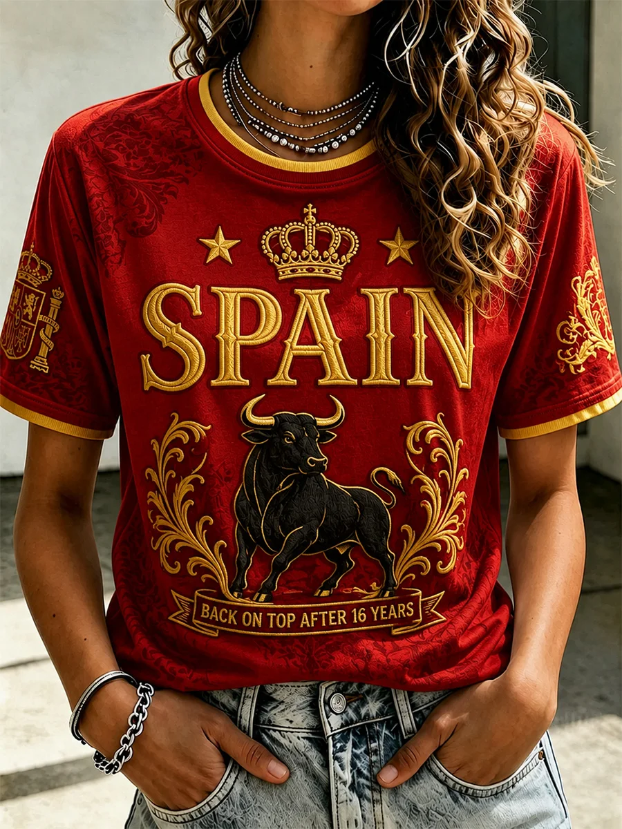Women's Spain We Are The Champions 2026 Print Celebrate España Football Printed T-shirt Spain Football Cultural T-Shirt