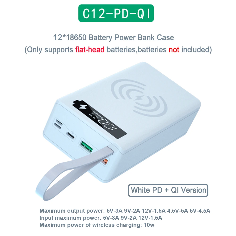 C12 18650 Pojemnik na baterie Power Bank Uchwyt na ładowarkę Podwójny wyświetlacz LCD USB Obsługa szybkiej ładowarki bezprzewodowej Przechowywanie