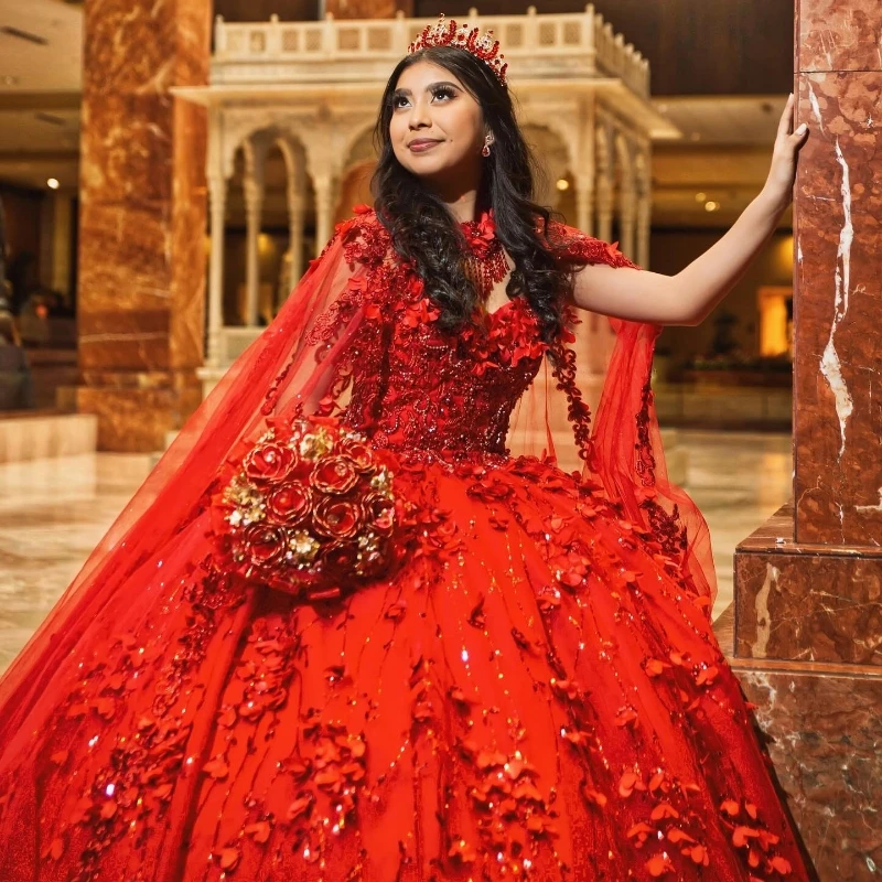 Red Shiny 15 Quinceanera Dresses Sheath Rustic Floral Applique Tull Beads Sparkling Shiny Cape Design Party Dress