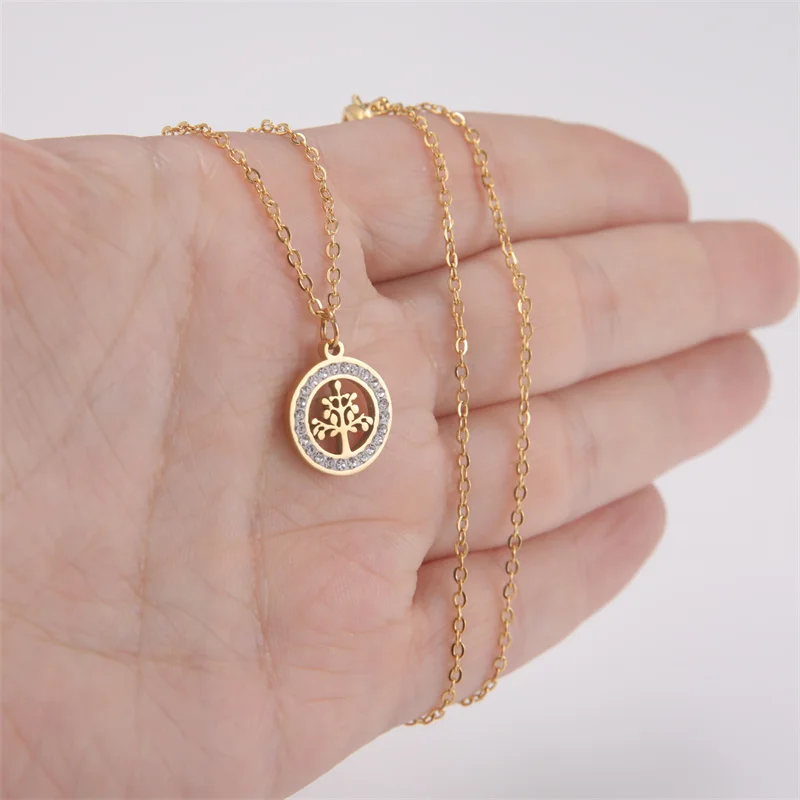 Trendy Edelstahl Strass Baum des Lebens Anhänger Halskette Für Frauen Charme Sommer Schlüsselbein Kette Schmuck Colgantes Cadena – Detail 22