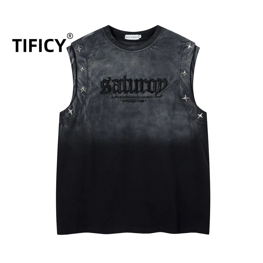 

Summer Tees Tanks Tops Men's Fake Two American Street Retro Trendy Brand Heavyweight Washed Pure Cotton Tanks