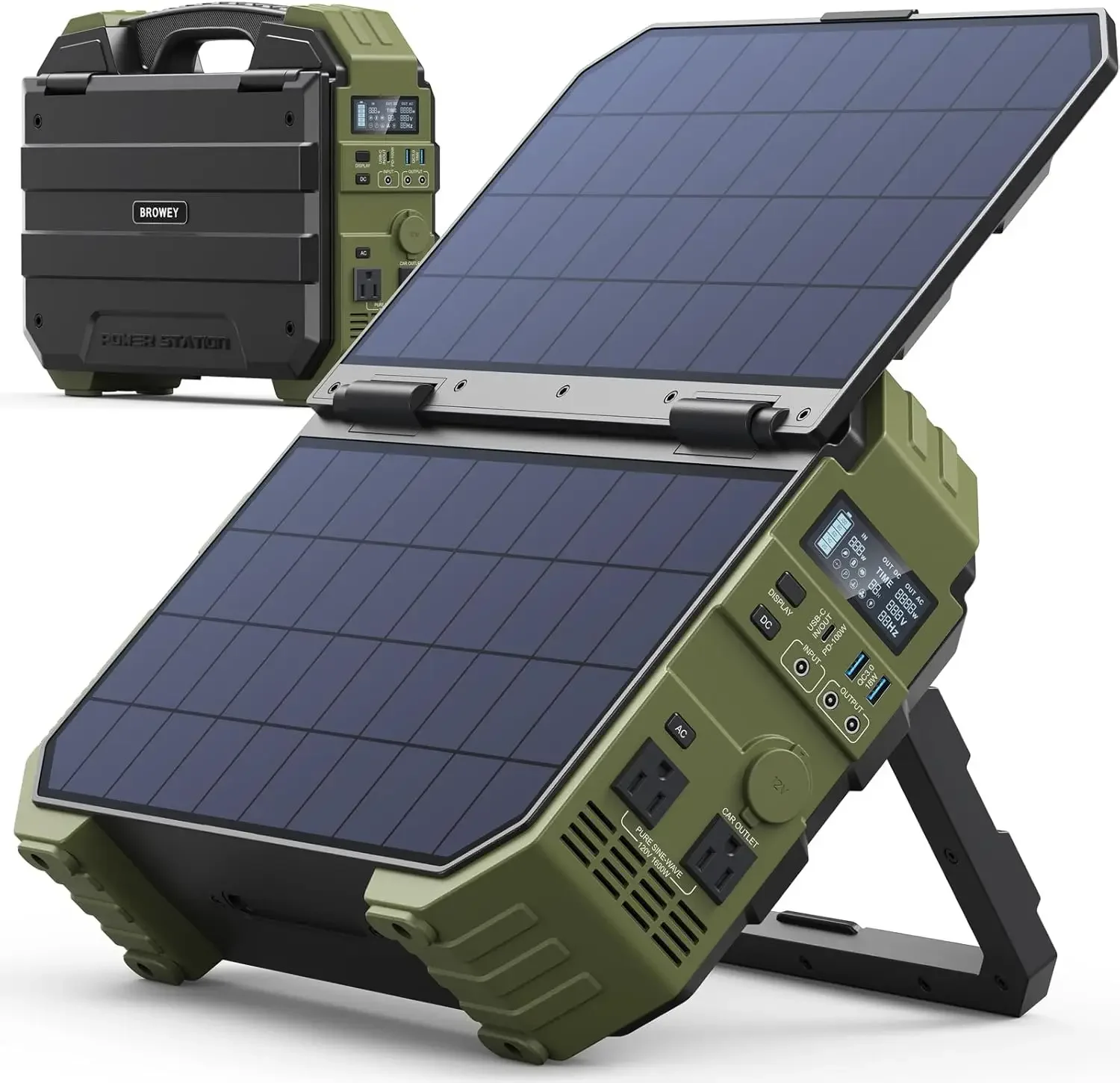BROWEY 1600W (3200W Peak) Portable Power Station, 1024Wh LiFePO4 Battery with Built-in Solar Panel, 100W USB-C PD, Solar