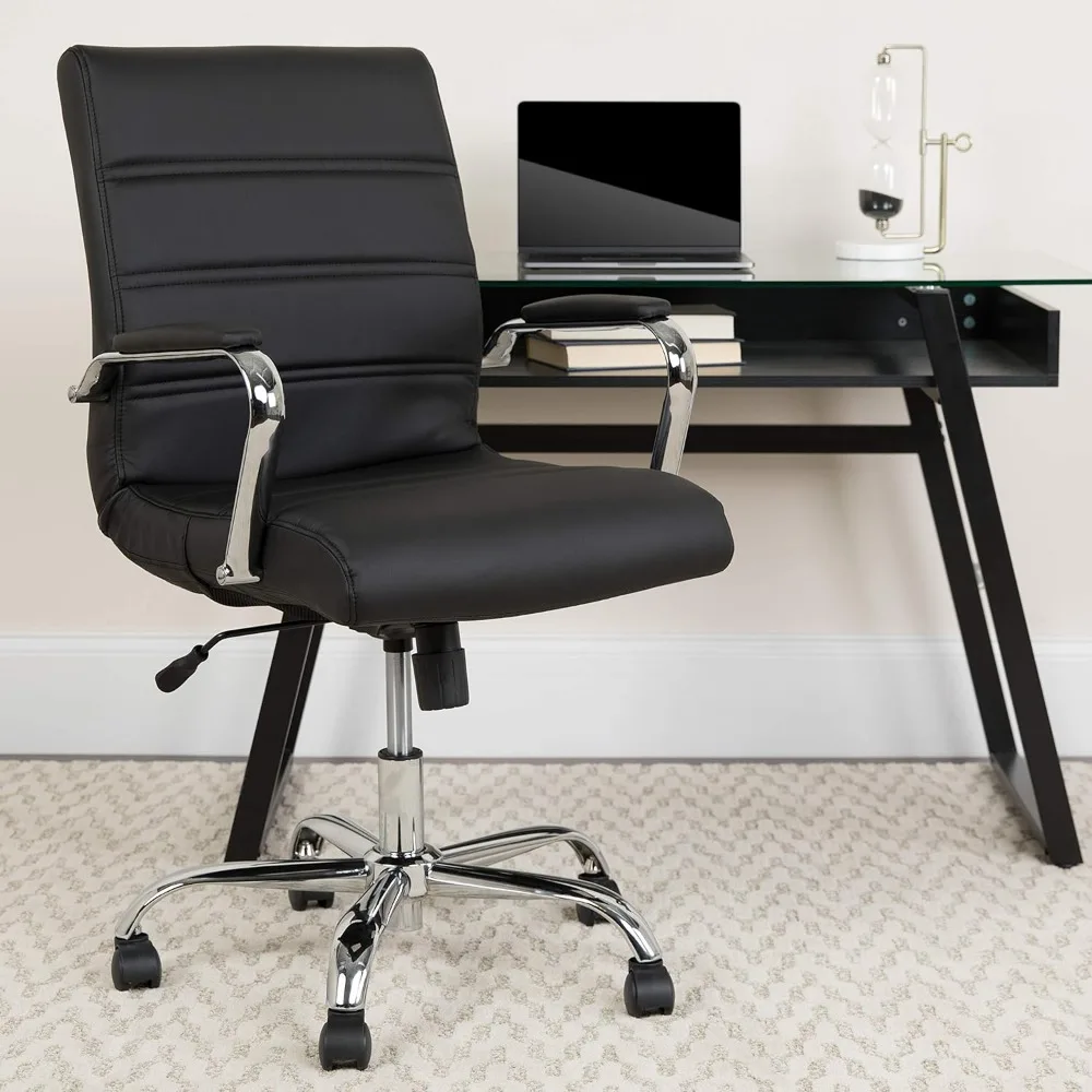 Whitney Mid-Back Desk Chair - Black LeatherSoft Executive Swivel Office Chair with Chrome Frame - Swivel Arm Chair