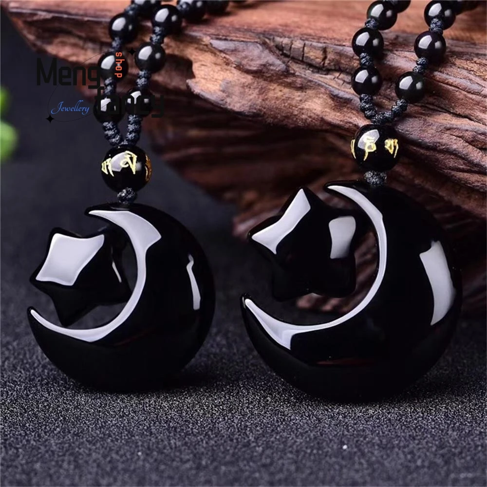 

Natural Obsidian Star And Moon Pendant For Lovers Charms Fashion Fine Jewelry Engraver Amulet Women Men Necklace Holiday Gifts