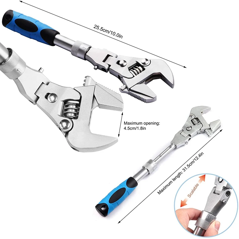 10 Inch Adjustable Wrench Torque Ratchet Wrench 180 Degree Folding Spanner Hand Tools for Plumbing Auto Repair Home Maintenance