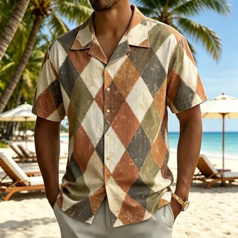 Men's Patchwork Print Hawaiian Shirt, Artistic Vacation Style for Party Events, Club Nights, Street Fashion & Casual Gatherings
