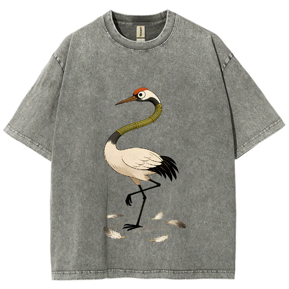 

Crane Graphic T Shirt Round Neck Short Sleeve Top Breathable Vintage Fabric Loose Silhouette Casual Weekend Outfit Stylish