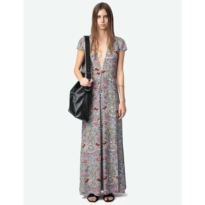 Zadig Long Dress Women Floral Print V-Neck Dresses Female Short Sleeve Split Robes Ladies Casual Lace Jupes 2025 New Robe