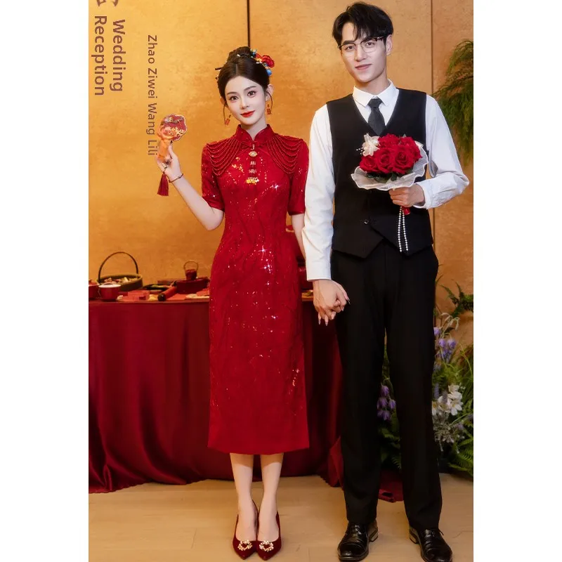 

Красное китайское платье ципао Dr Sparkling Young Wedding Dr, свадебное платье, вечернее платье для помолвки и свадьбы