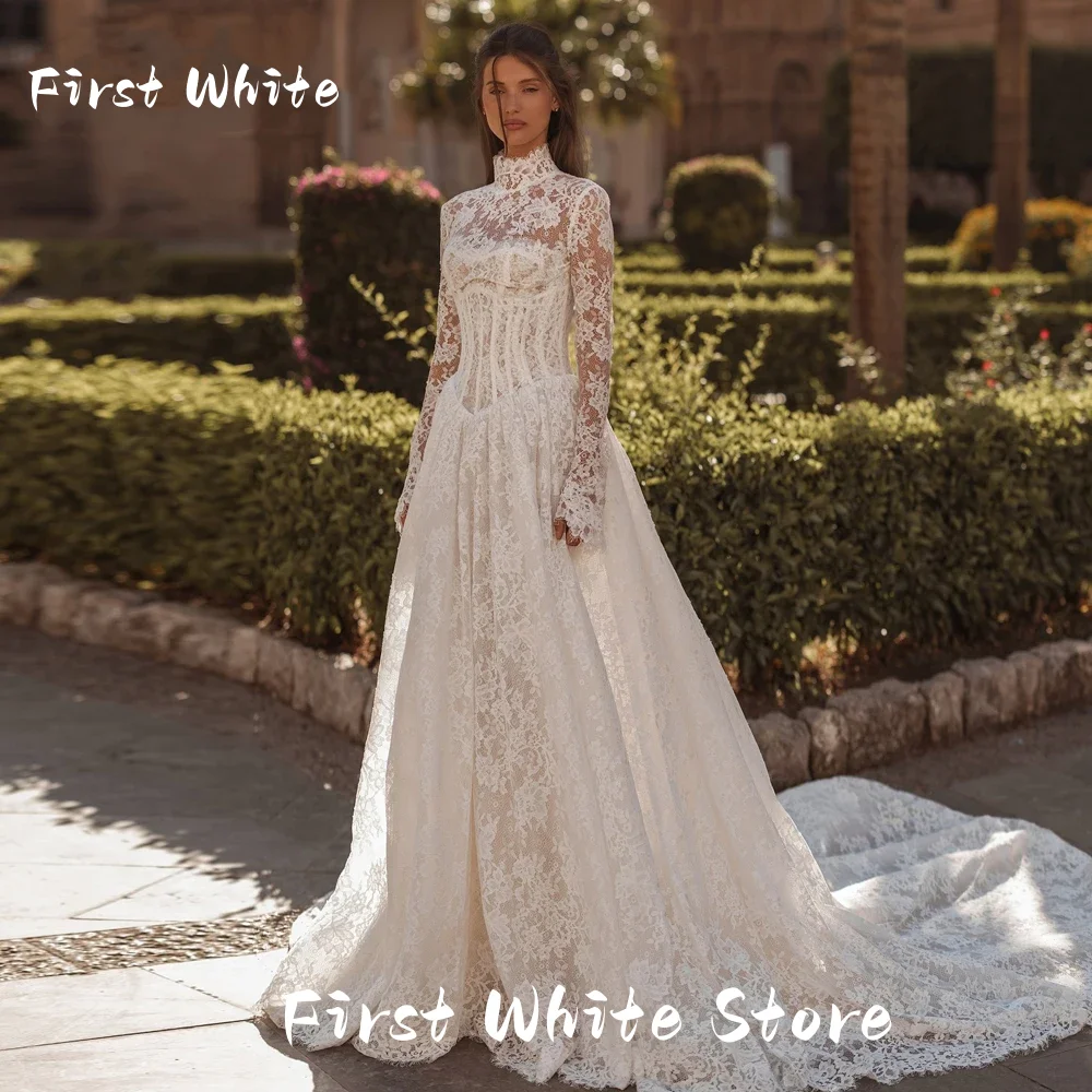 Spitzen-Brautkleid mit hohem Kragen, A-Linie, langen Ärmeln, 2026 Hochzeitskleider, luxuriöses rückenfreies Boho-Brautballkleid, maßgeschneidert